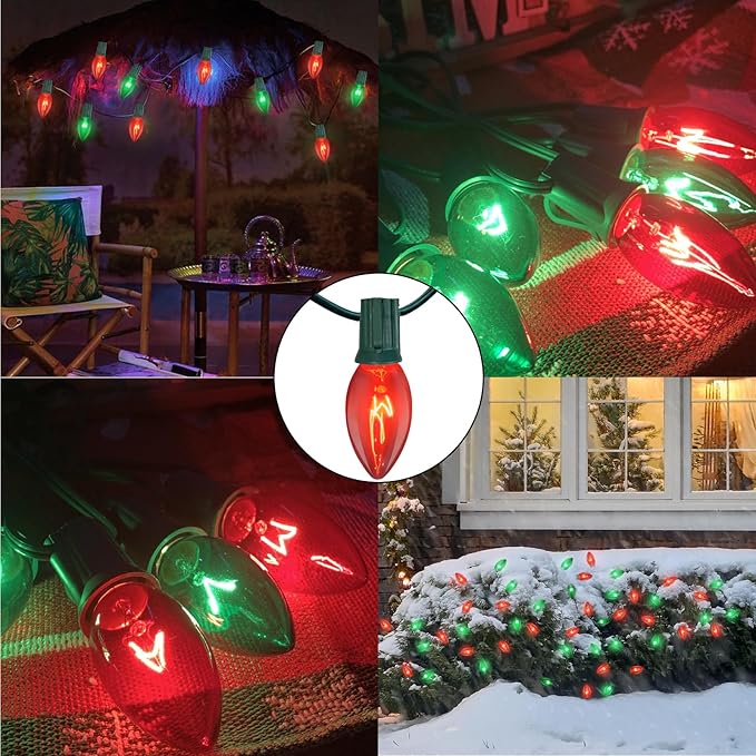 25ft Red and Green Outdoor Christmas Lights,C9 Vintage Christmas String Lights with 26 Red Green Bulbs(1 Spare),Waterproof Hanging Christmas Lights for Roofline Tree Backyard Decor