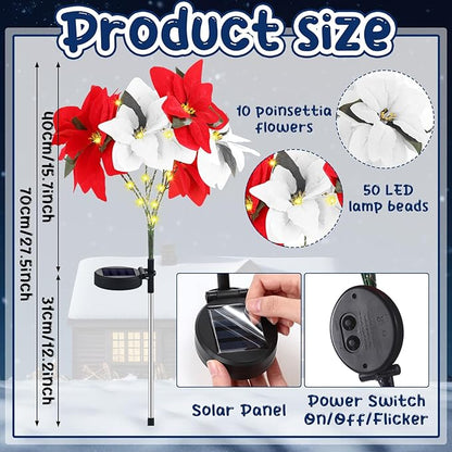 VIHOSE 4 Pcs Christmas Solar Poinsettia Lights Outdoor Artificial Flowers Landscape Waterproof Solar Poinsettia Lights for Yard Lawn Patio Garden Pathway Xmas Party Supplies (7 Flowers,Red,White)