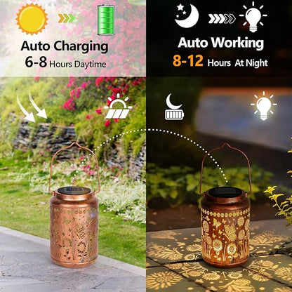 Sunflower Solar Lanterns Outdoor,Butterfly Gifts Metal Hanging Lights,Waterproof LED Solar Lights for Garden,Yard,Patio Pathway Lawn Decor,Birthday Gifts for Women,Mom-with S-Hook