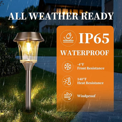 Solar Pathway Lights Outdoor Waterproof, 4 Pack Glass & Stainless Steel Landscape Lighting, Dual Brightness 12/25 Lumens Warm White, Auto On/Off IP65 Solar Powered LED Lights for Yard, Porch, Garden