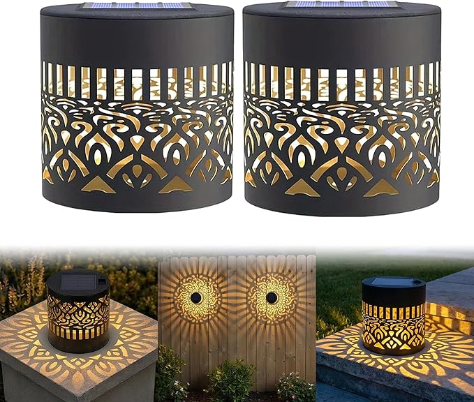 Decorative Solars Mandala Lights, Metal Solars Powered Outdoors Deck Steps Walls Lights, Mandala Theme Waterproof Fence Light for Garden Post Patio Backyard Yard Decor (Mandala*2PCS)