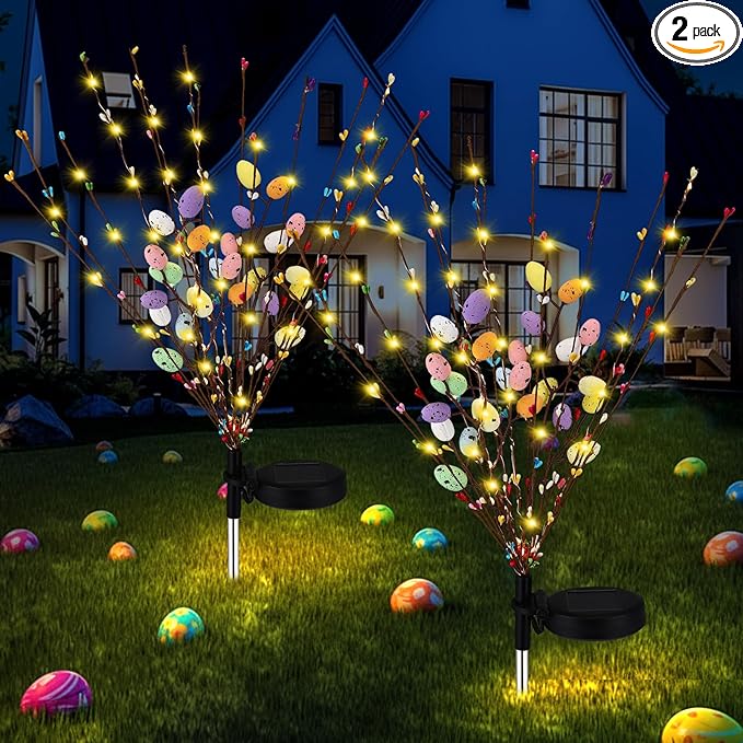 2 Pcs Solar Easter Egg Lights Waterproof Egg Stake Lights Decorative Garden Firefly Outdoor Easter Light for Lawn Trails Landscaped Yards Pathway Porches and Patio Decorations