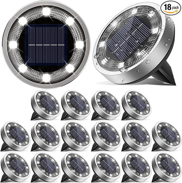 Solar Ground Lights,18 Pack Flat Solar Lights Outdoor Waterproof, Bright LED Solar Disc Lights, 6000K Cool White | Lumora