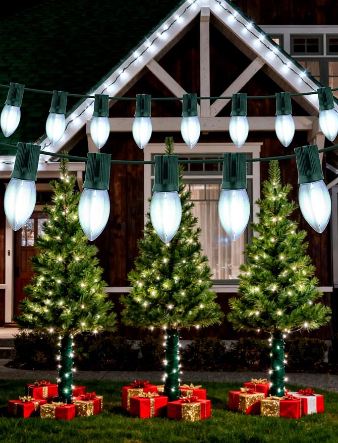 Vintage C9 Christmas Lights Outdoor - 2-Pack (50FT Total，50 LED Bulbs) , Connectable String Lights, Waterproof & UL Certified for Holiday, Porch & Christmas Tree Decorations (Cool White, Green Wire)