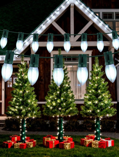 Vintage C9 Christmas Lights Outdoor - 2-Pack (50FT Total，50 LED Bulbs) , Connectable String Lights, Waterproof & UL Certified for Holiday, Porch & Christmas Tree Decorations (Cool White, Green Wire)