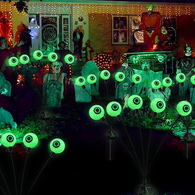 Dazzle Bright Halloween Decorations Outdoor, 2 Pack 12LED Solar Eyeball Pathway Lights, Scary Waterproof Solar Green Firefly Lights for Garden Lawn Yard Decor