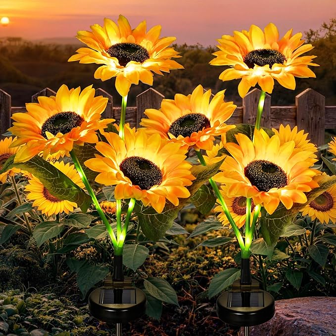 GIGALUMI Solar Garden Lights Artificial Flowers, LED Garden Decor Carefree Sunflower Solar Lights Outdoor Yard Decorations Outdoor, Everlasting Sunflower Decor Gift for Outside Yard Patio (Set of 2)