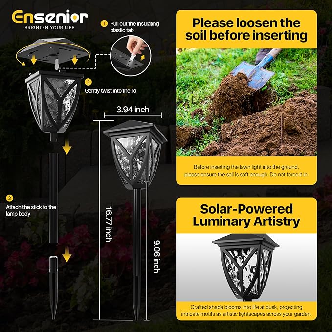 Ensenior 12-Pack Solar Lights Outdoor, 16.77" 3000K LED Solar Garden Lights for Pathway, Yard, Patio, Walkway | Lumora