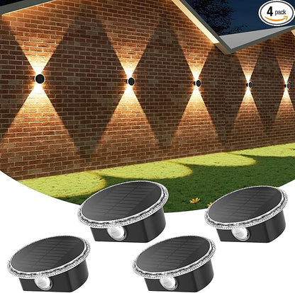 Ellasay Fence Solar Lights: 360° Circular Lighting Solar Powered Wall Lights 12 Hours Long Runtime Up and Down Waterproof IP65 & 3 Modes High Brightness LED Focus Lens for Patio/Yard - 4 Pack