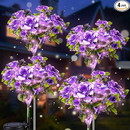 Neporal Solar Garden Lights, 4PK Dusk to Dawn Purple Carnation Solar Flowers Outdoor Waterproof for Garden Decor