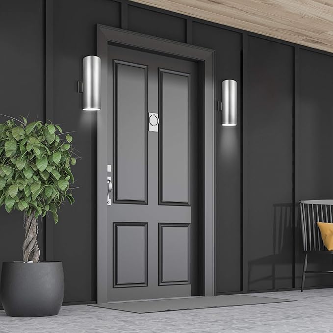 Sea Gull Lighting Generation 8313902-753 Transitional Two Light Wall Lantern from Seagull-Outdoor Cylinders Collection in Pewter, Silver Finish, Large, Painted Brushed Nickel