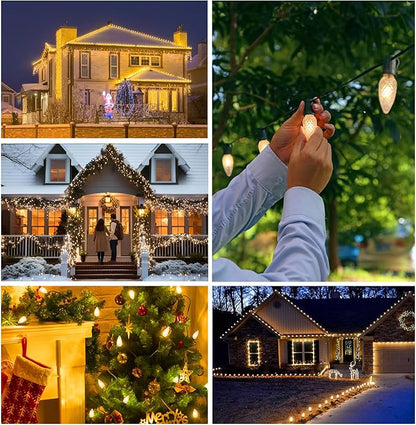 C9 LED Christmas Lights Outdoor, E17 Base Warm White Vintage Bulbs, Connectable, 25 Feet String Lights with 25 Sockets for Christmas Decor Patio(25Bulbs+1 Spare).
