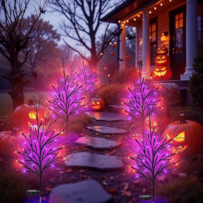 Halloween Solar Pathway Lights 4PCS, Halloween Outdoor Decorations, Artificial Tree Waterproof LED Lights for Lawn Yard Garden Driveway Porch Walkway, Auto On/Off