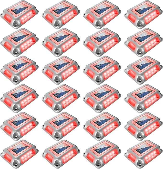 T-SUN Solar Deck Lights Outdoor 24 Pack, Red LED Driveway Deck Light Dock Marine Waterproof Driveway Marker Lights for Step Sidewalk Stair Garden Pathway Walkway Yard