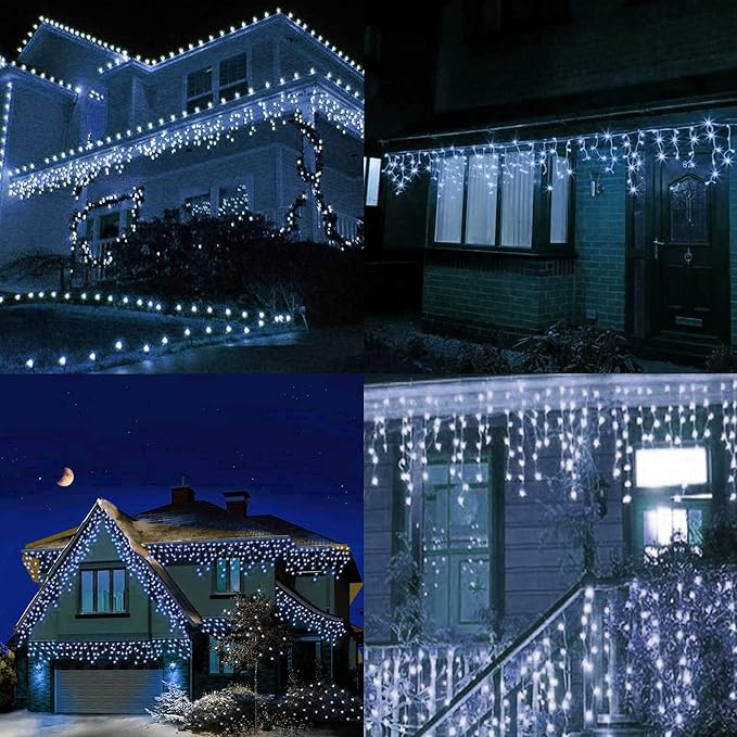 Dazzle Bright 360 LED Christmas Icicle Lights, 29.5 FT 8 Modes Curtain Fairy Lights with 60 Drops, Connectable Xmas String Lights for Outside Holiday Wedding Party Decorations (White) (Pack of 2)