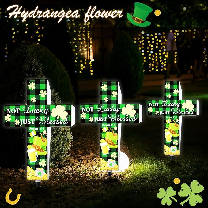St. Patrick's Day Solar Stake Lights Outdoor Memorial Garden Stake Cross for Grave Cemetery Buffalo Plaid Rustic Farmhouse Shamrock Garden Decor Solar Cross for Patio Pathway Decoration