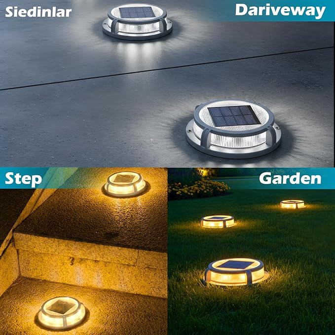 SIEDiNLAR Solar Deck Lights Outdoor 2 Modes 16 LEDs Driveway Markers Dock Light Solar Powered Waterproof for Ground Step Pathway Walkway Stair Garden Road Yard 4 Pack (Cool White/Warm White)