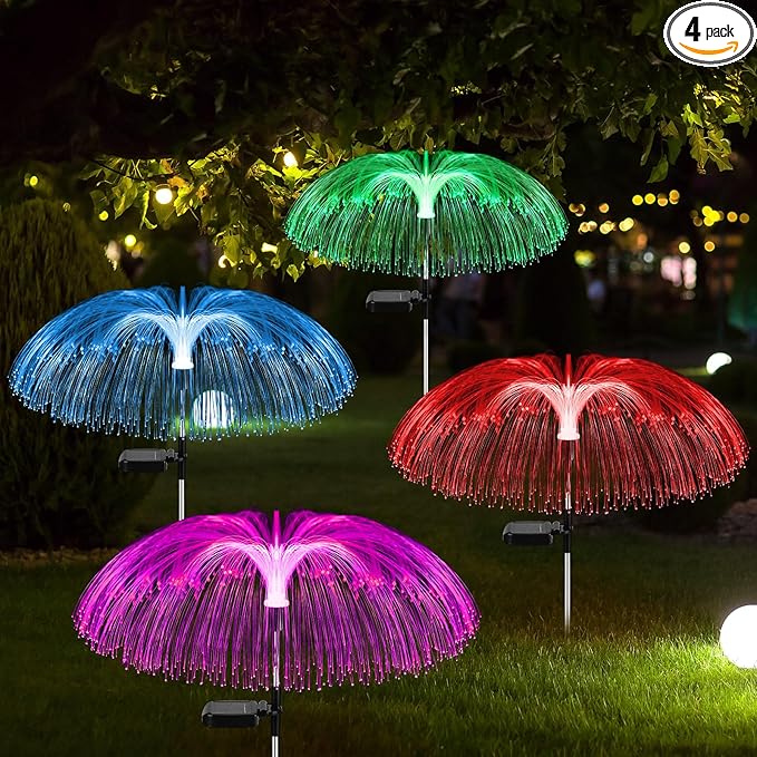 4 Pcs Solar Outdoor Lights for Garden Waterproof Jellyfish 7 Color Changing Decorative Lawn Solar Powered Lights Flower Yard for Pathway Lawn Wedding Party Outside Decor