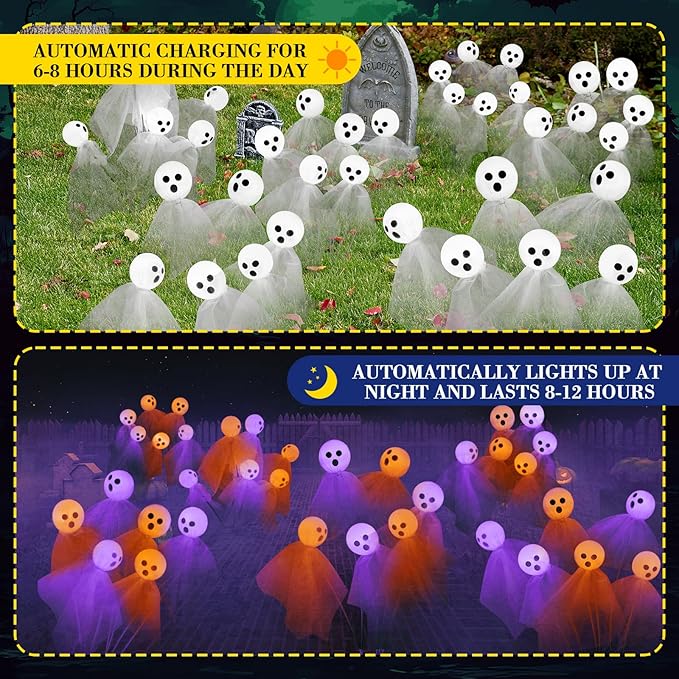 VIHOSE 6 Packs Halloween Solar Lights Outdoor 36 LED Solar Ghost Pathway Lights Waterproof Spooky Ghost Path Light Outdoor Halloween Decorations for Outside Garden Lawn Yard Decors (Purple Orange)