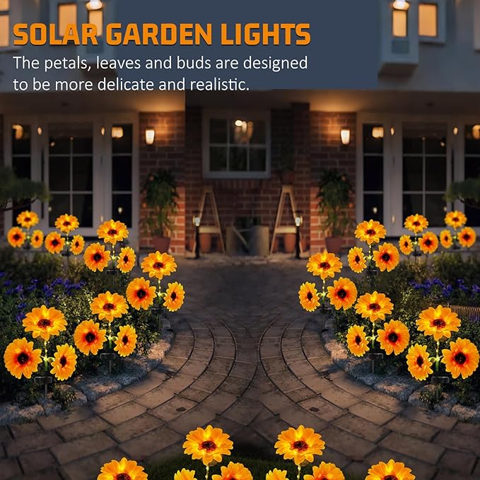 Sunflower Solar Lights Outdoor, IP65 Waterproof Fairy Decor Light, 2 Modes Constant Light&Blinking, 3 Pack Flower Lights with 9 Sunflowers, Ideal for Garden, Back Yard, Patio, Flower Bed, Cemetery