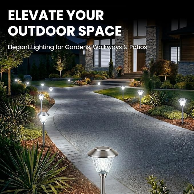 Energizer Solar Outdoor Garden Lights - 10 Pack LED Driveway Solar Lights with 10 Lumen Output, Patterned Glass & Metal Finish, Waterproof & Easy to Install Garden Lights for Outside - Stainless Steel