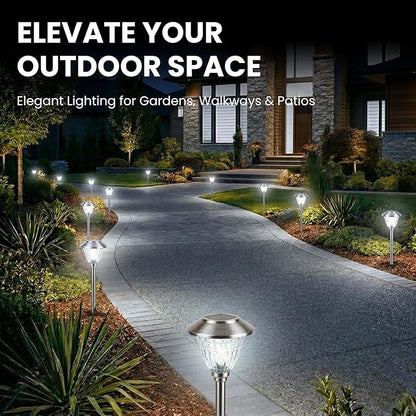 Energizer Solar Outdoor Garden Lights - 10 Pack LED Driveway Solar Lights with 10 Lumen Output, Patterned Glass & Metal Finish, Waterproof & Easy to Install Garden Lights for Outside - Stainless Steel