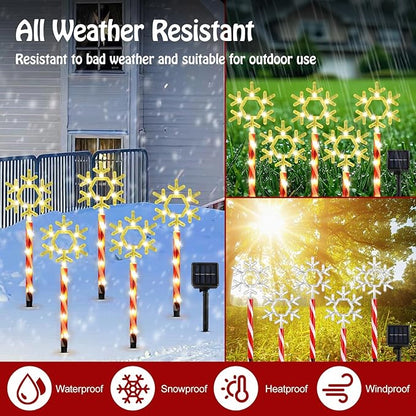 Lewondr Solar Christmas Pathway Lights, 5 PCS Solar Christmas Decorations Outdoor with 2 Lighting Modes, Clear Snowflake Lights with Red Pole and Garden Stake, Waterproof Yard Lawn Patio Holiday Decor