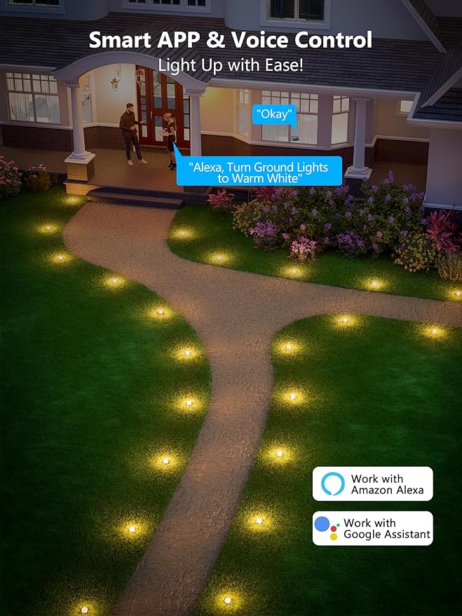 Brizled Smart RGBCW Color Changing Outdoor Ground Lights, 50FT 130LM 15 Pack Red White Blue LED Pathway Lights, App/Voice Control Landscape Lighting for Independence Day Christmas Garden Yard Walkway