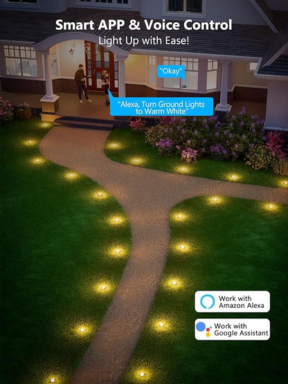 Brizled Smart RGBCW Color Changing Outdoor Ground Lights, 50FT 130LM 15 Pack Red White Blue LED Pathway Lights, App/Voice Control Landscape Lighting for Independence Day Christmas Garden Yard Walkway