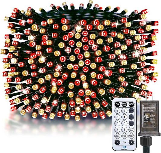 Minetom 50 Ft 1000 LED Cluster Lights Christmas Tree Lights Outdoor Christmas Firecrackers String Lights, 12 Modes Timer Remote Waterproof Plug in Twinkle Lights for Xmas Tree Party, Red ＆ Warm White