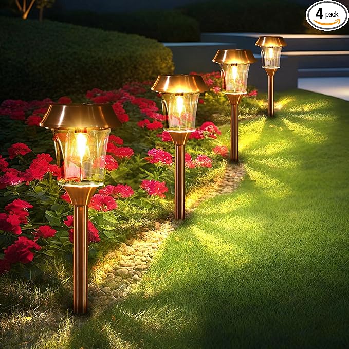 Solar Garden Lights Outdoor Waterproof, Stainless Steel & Glass Path Lamps, 12-25 LM Dimmable Dusk to Dawn Solar Powered LED Lighting, IP65 Outside Decor for Poolside, Driveway, Backyard, 4 Pack