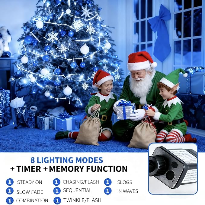 105FT 300 LEDs Blue White Christmas Lights Outdoor Indoor, Waterproof Christmas Tree Lights, 8 Lighting Modes with | Lumora