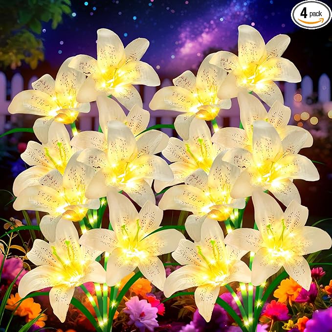 Solar Garden Lights 4 Pack 16 White Lily Flowers, Gifts for Mom Woman Birthday Outdoor Solar Flower Lights,Cemetery Flowers for Grave - Decorative Lilies for Yard, Patio, Pathway Decorations