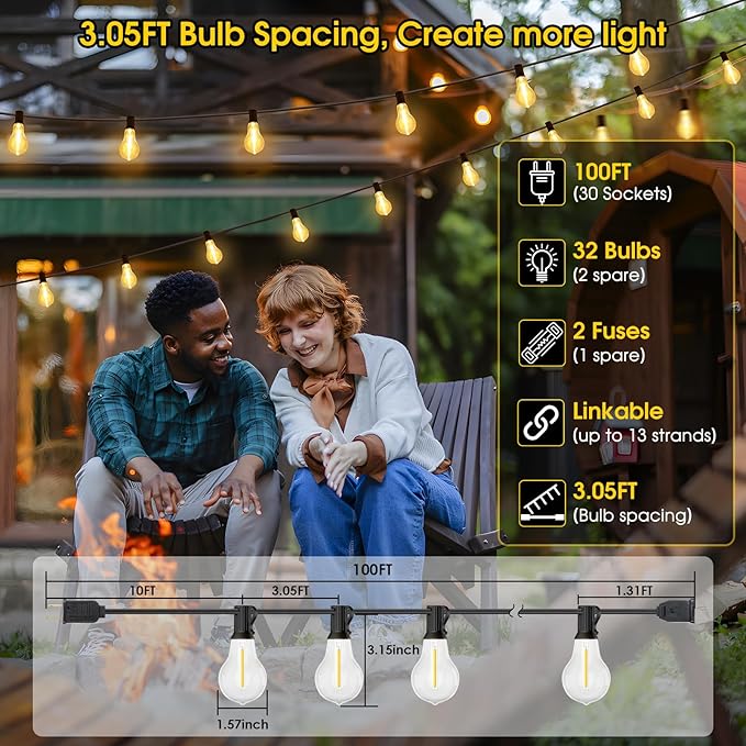 100FT LED Outdoor String Lights, Waterproof Patio Lights with 32 Shatterproof Dimmable 2700K A39 Bulbs Hanging | Lumora