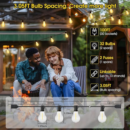100FT LED Outdoor String Lights, Waterproof Patio Lights with 32 Shatterproof Dimmable 2700K A39 Bulbs Hanging Lighting for Outside Backyard