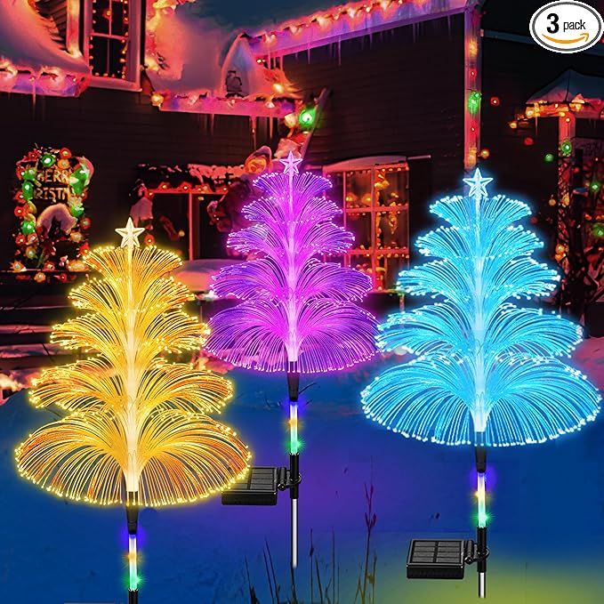 Solar Christmas Decorations Trees Lights Outdoor Waterproof Solar Christmas Tree Jellyfish Lights 5 Layer Optical Fiber 7 Color Changing for Pathway Lawn Patio Outside Decorative, 3PCS