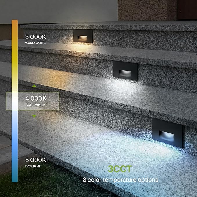 ASD LED Recessed Step Light Fixture, Outdoor & Indoor Stair Tread Lighting | 3CCT, Dimmable, Waterproof, ETL Listed | Lumora