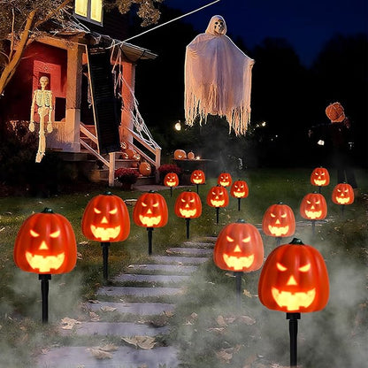 Halloween Outdoor Decor Pathway Lights Ghostface Pumpkin with Scary Voice Battery Powered Garden Stake Lights, Handblown Stake Decorative Path Lights for Outdoor Garden Lawn Patio Decorations 3 Pack