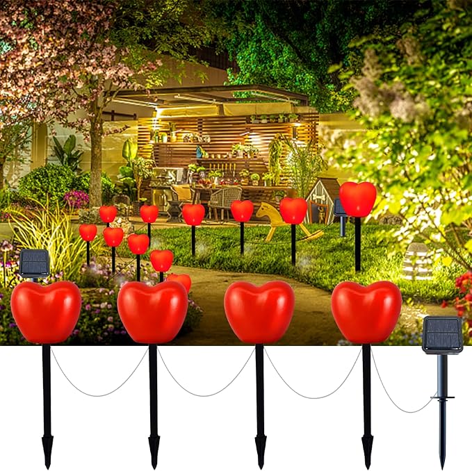 Valentine's Day Red Heart Solar Lights Outdoor, 4Pcs Waterproof Valentine's Day Solar Garden Lights LED Heart Lights Mother's Day Decorations for Yard Walkway