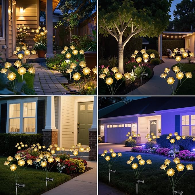 Solar Lights Outdoor Garden Decorative 4 Pack, Solar Flower Swaying Light for Outside, Yard, Patio, Pathway Decoration, Warm White