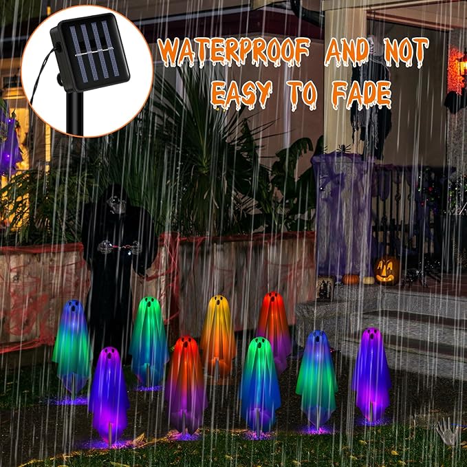 Threan 12 Packs Halloween Decoration Solar Ghost Pathway Decoration Outdoor White Cloth Ghost Stakes, Spooky Cloth Ghosts Solar Decor, Changing LEDs Pathway for Halloween Party Yard Lawn Patio Porch
