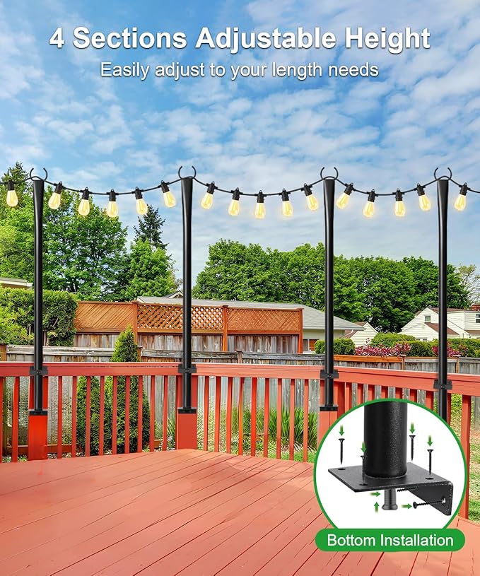 4 Pack String Light Poles for Deck, 5Ft Heavy-Duty Metal Deck Light Poles for Outside with Fixing Clips, Lighting | Lumora