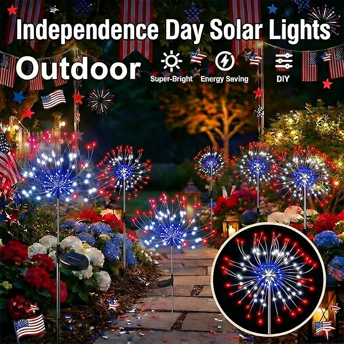 ITICdecor Solar Garden Lights Firework Lights 2 Pack 120 LED Red White Blue Solar Fairy Light Outdoor Waterproof for Independence Day President Memorial Day Christmas Party Patriotic Decorations
