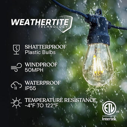 Brightech Bundle: Ambience Pro - Waterproof LED Outdoor String Lights - Hanging, Dimmable 1W Edison Bulbs, Soft White - 48 Ft + 6 Ft Extension Cord