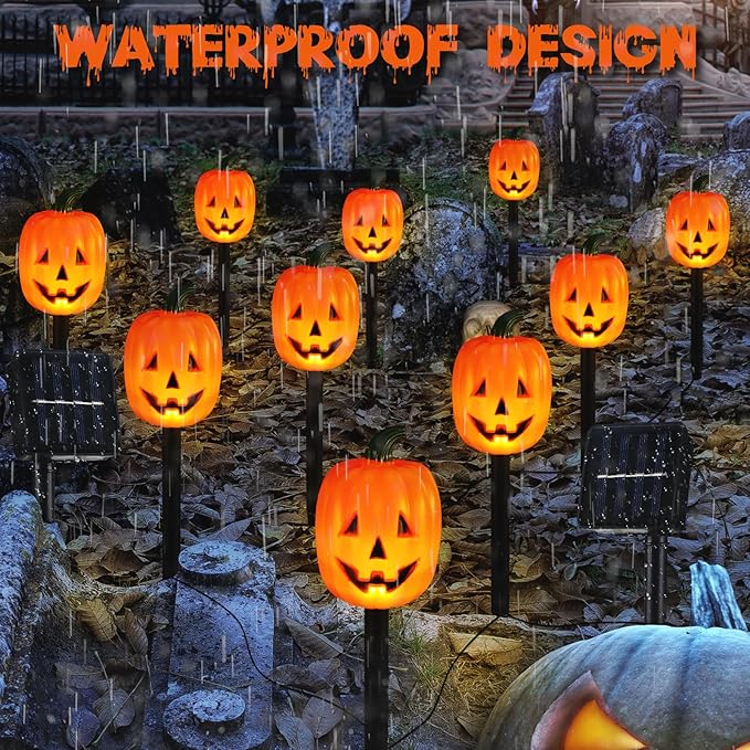 Retisee Halloween Pumpkin Pathway Markers Lights Solar Powered Pathway String Lights Light up Jack O Lantern Pumpkin Garden Stakes for Yard Lawn Tree Patio Walkway Driveway Party Decor (10 Pcs)