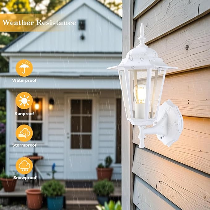 GRUENLICH Dusk to Dawn Outdoor Wall Sconce, Exterior Front Porch Lighting with Clear Glass, White Aluminum Outside | Lumora