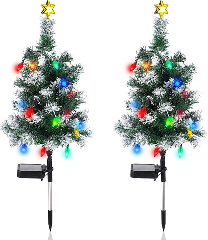 Baquler 2 Pcs Solar Christmas Tree Garden Stake Lights Outdoor Christmas Tree Lighted Yard Decorations Multicolor LED Solar Stakes for Pathway Lawn Patio Xmas Ornament(Strawberry)