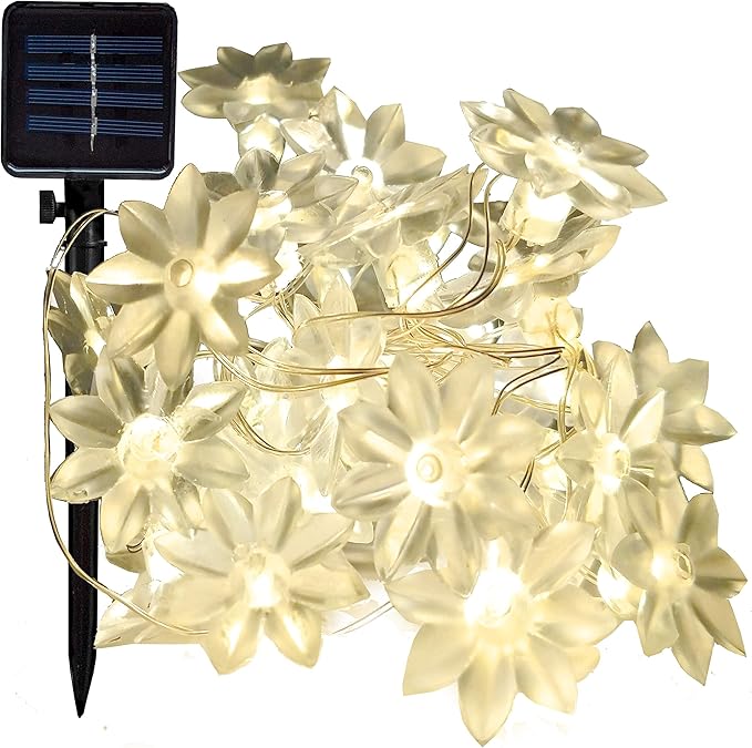 Hometown Evolution, Inc. Solar Powered Lotus Flower String Lights - 30 LED Warm White, 8 Modes, Outdoor Waterproof for Gardens, Patios, Yards, Home, Parties and More