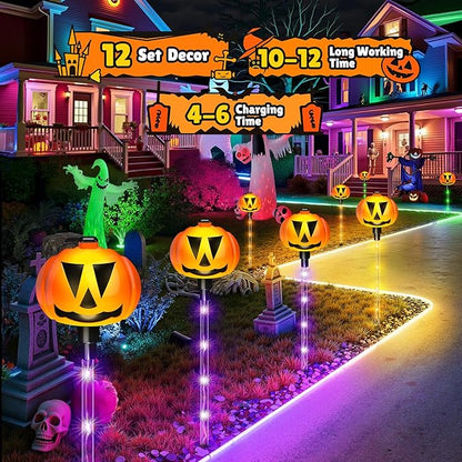 2025 Upgraded 12 Pack Halloween Solar Pumpkin Lights Outdoor Decorations, 8 Modes Waterproof Halloween Pathway Stake Lights with 84 Colorful LEDs, Pumpkin Decor for Garden, Yard, Party, Multicolor