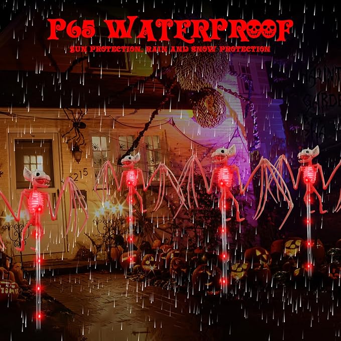 2PCS of Set Solar Garden Lights Outdoor for Halloween Decorations,3D RED Scary Bat Realistic Skeleton Decor for Halloween Party Decor,Solar Bats Path Lights for Lawn/Porch/Creepy Grave Décor